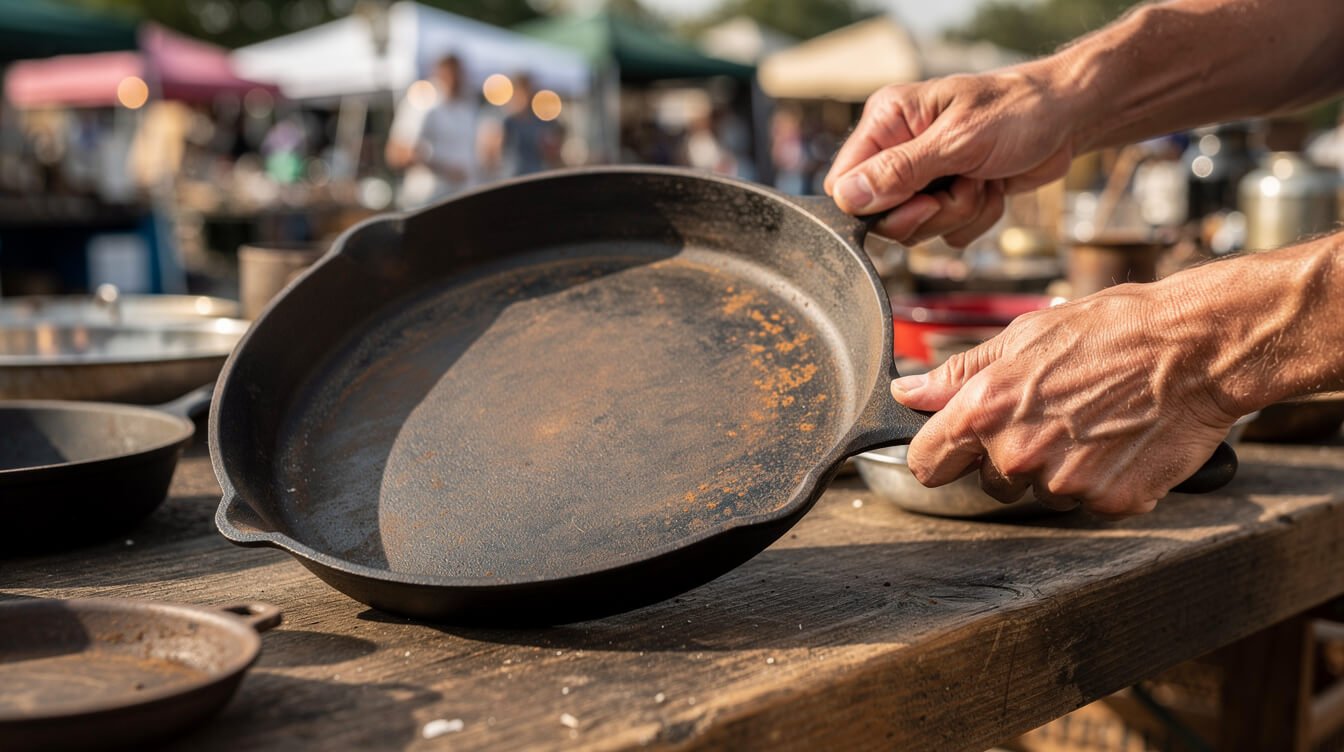 Hands inspecting an antique cast iron skillet at a flea market table