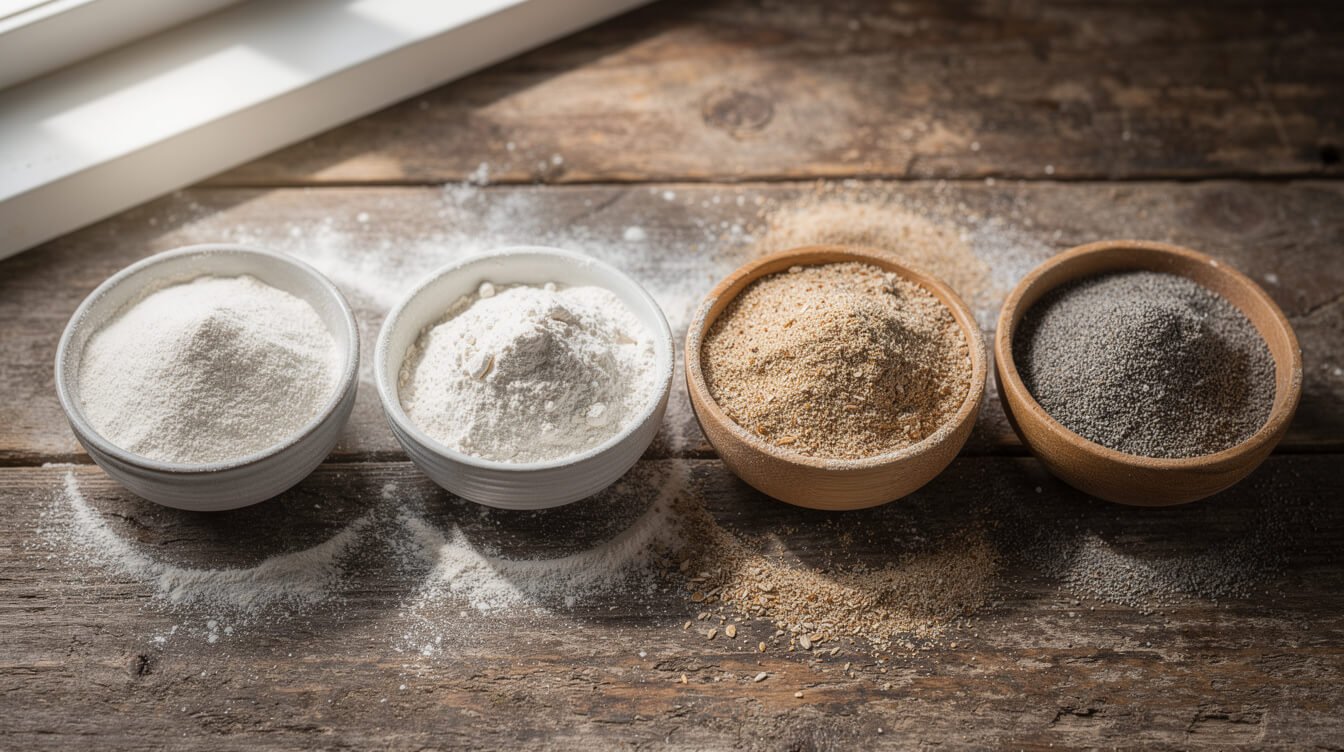 different types of flour in bowls on a wooden kitchen counter