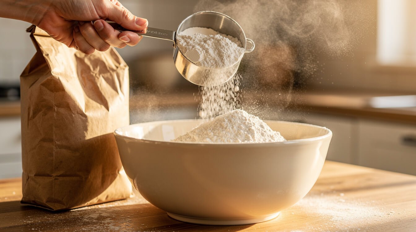 hand scooping bread flour from a bag into a mixing bowl