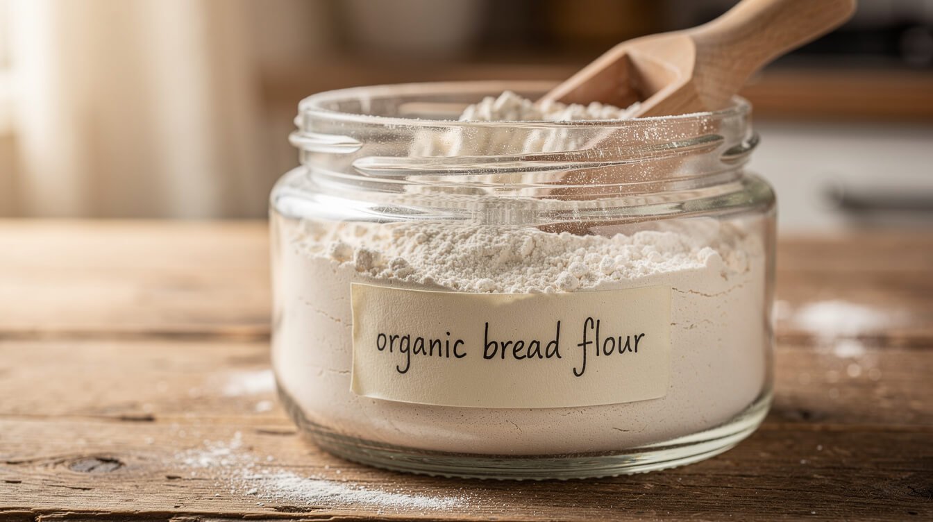 close-up texture of organic bread flour in a jar