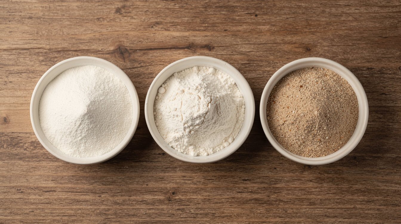 three bowls of bread flour, all-purpose flour, and whole wheat flour side by side
