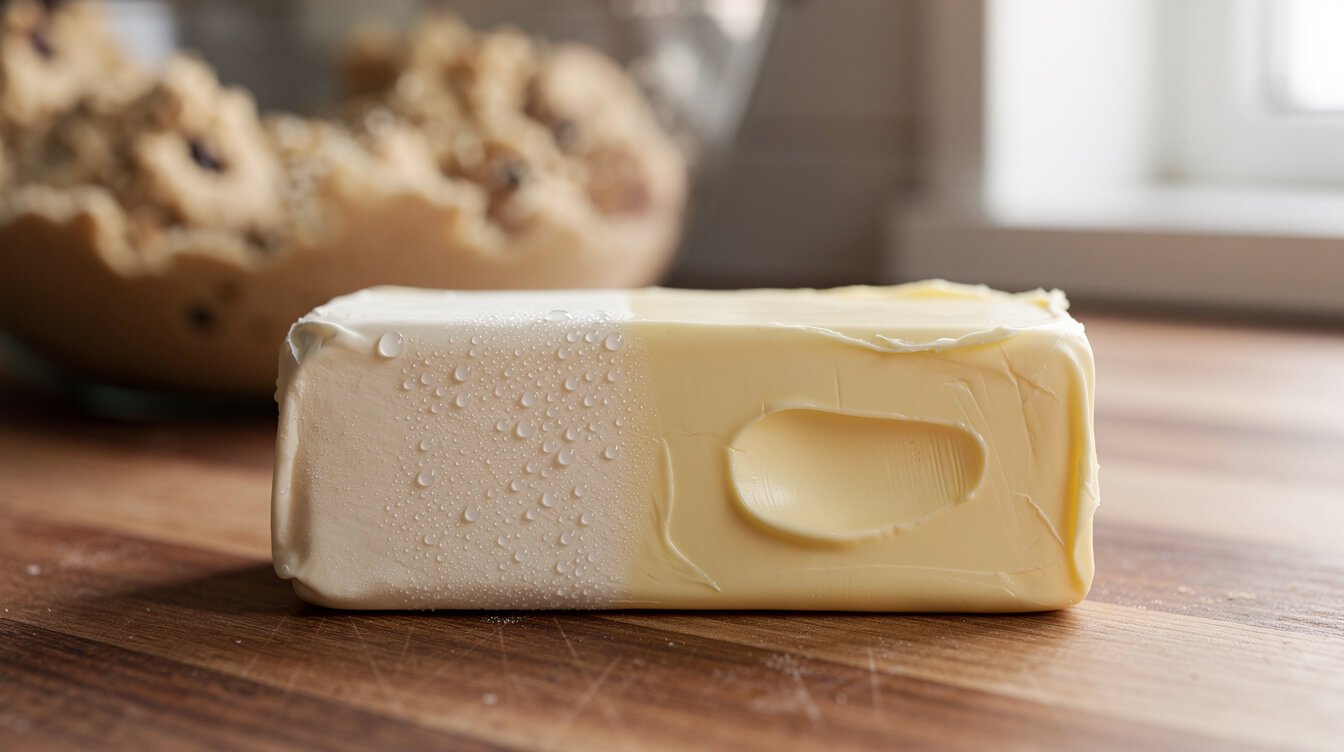 stick of butter with a thumbprint pressed into the softened half, showing correct baking temperature