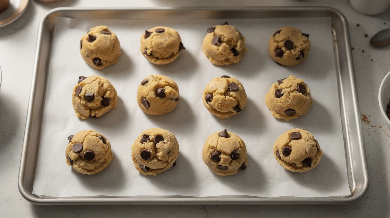 chocolate chip cookie dough balls on a parchment-lined baking sheet ready to bake
