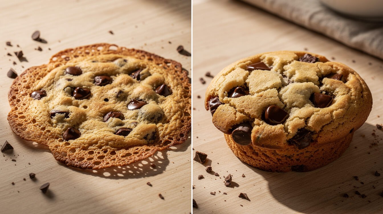 thin flat cookie next to a thick chewy cookie, side by side comparison
