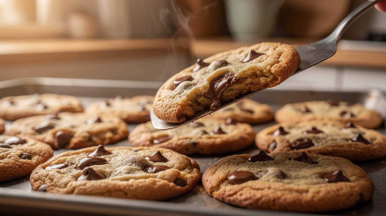 golden brown chocolate chip cookies fresh out of the oven on a baking sheet