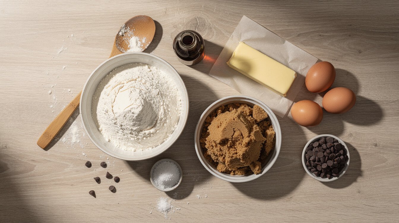 chocolate chip cookie baking ingredients laid out on a kitchen counter
