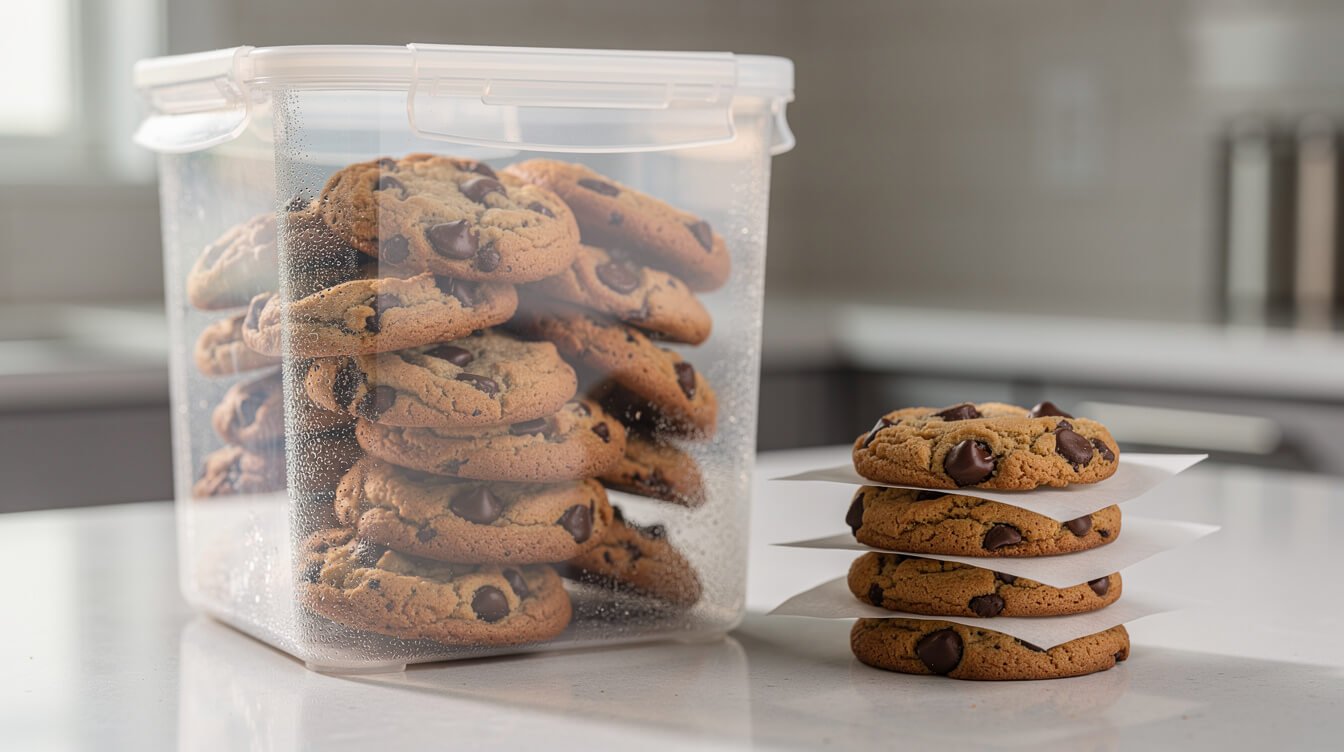 chocolate chip cookies stacked in an airtight container for storage