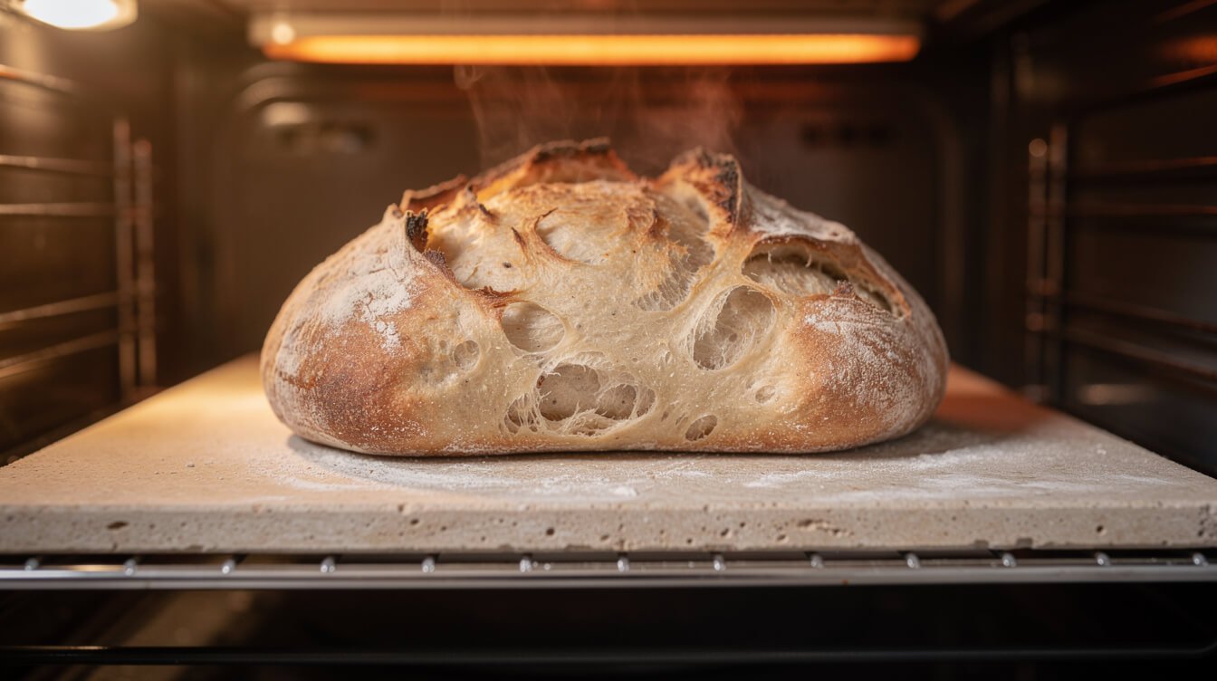 ciabatta loaf baking in the oven with visible steam and a golden crust