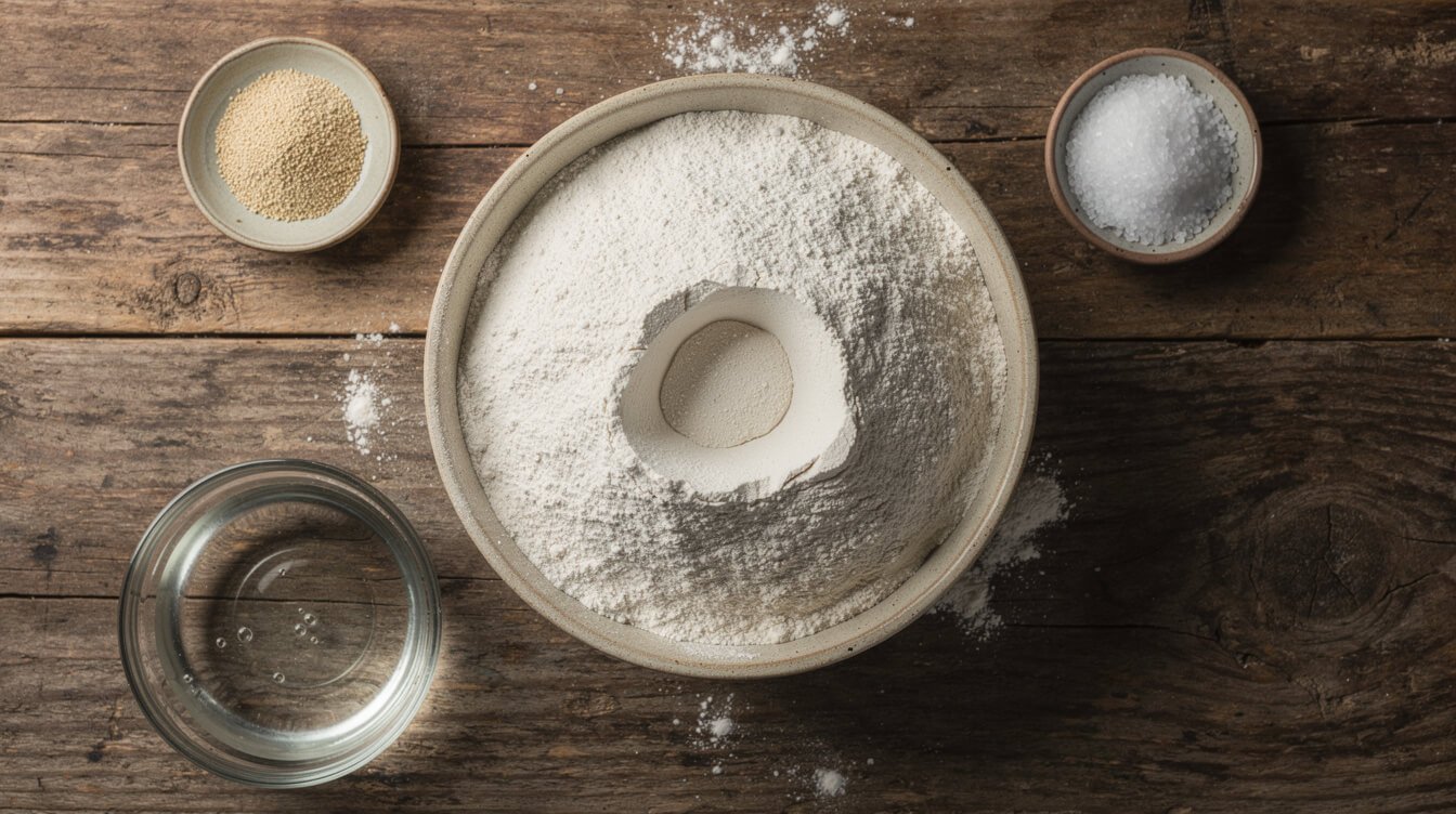 flour, yeast, water, and salt laid out for a homemade ciabatta bread recipe