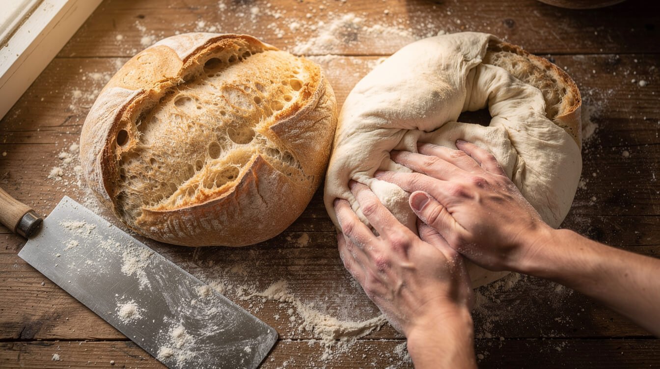 two ciabatta dough loaves being shaped on a floured surface