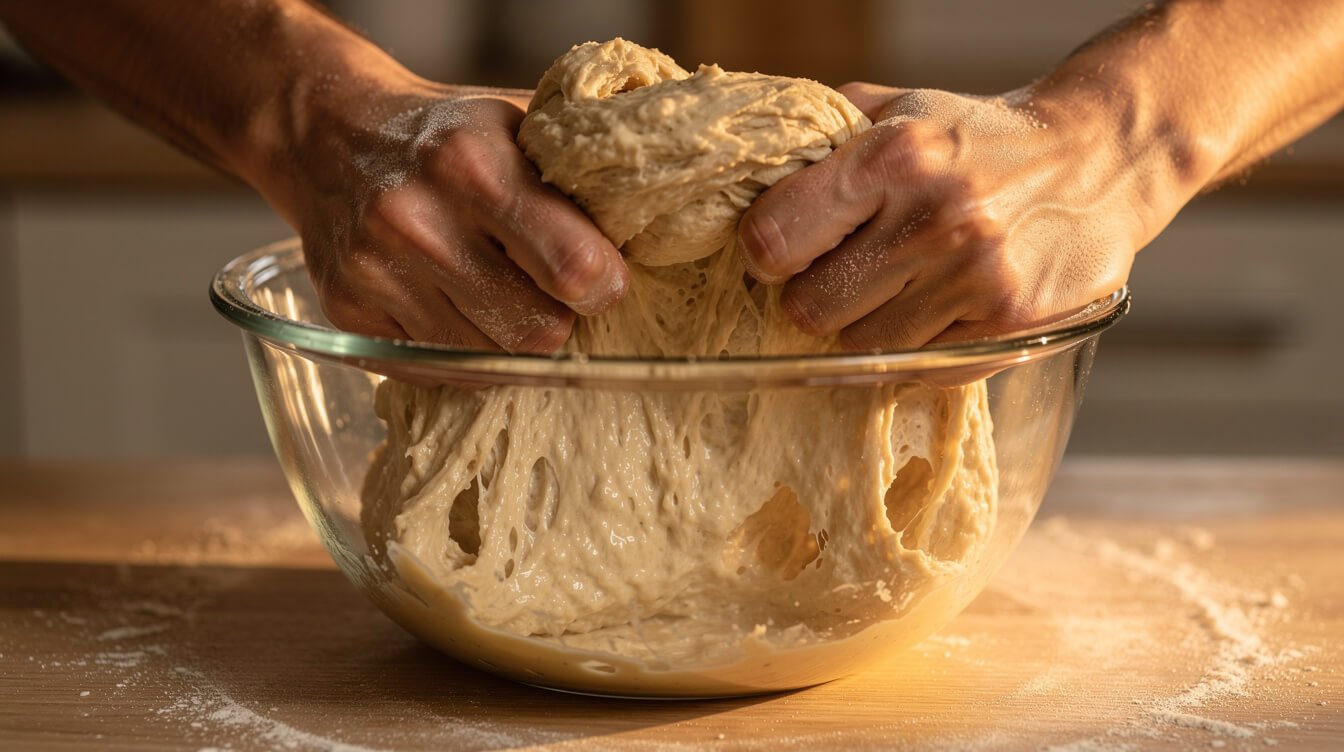 hands performing a stretch and fold on wet ciabatta dough in a glass bowl