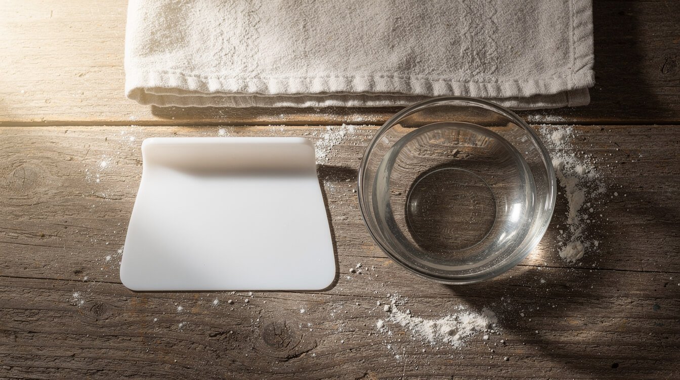 bowl scraper and bowl of water for handling sticky ciabatta dough