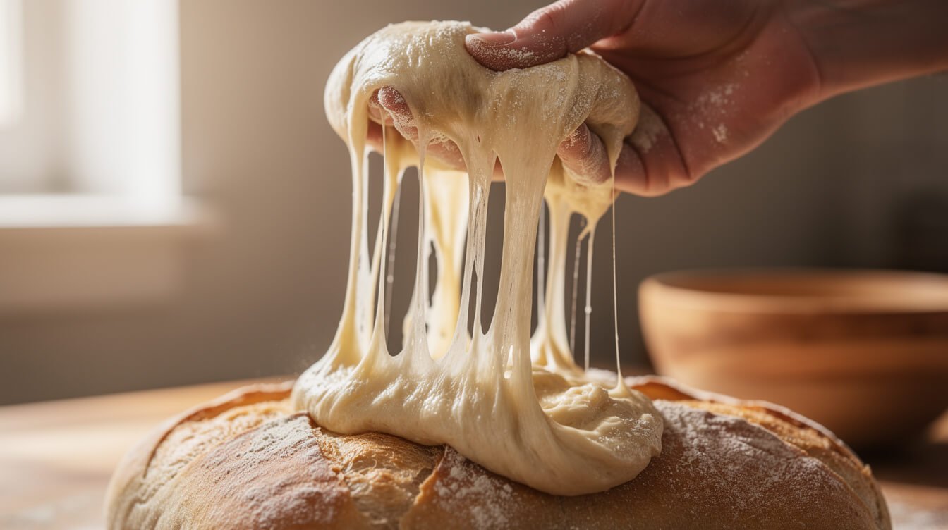 homemade ciabatta bread recipe dough being lifted with a hand, showing long wet strands