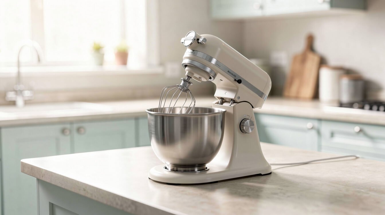 compact tilt-head stand mixer on a small kitchen counter