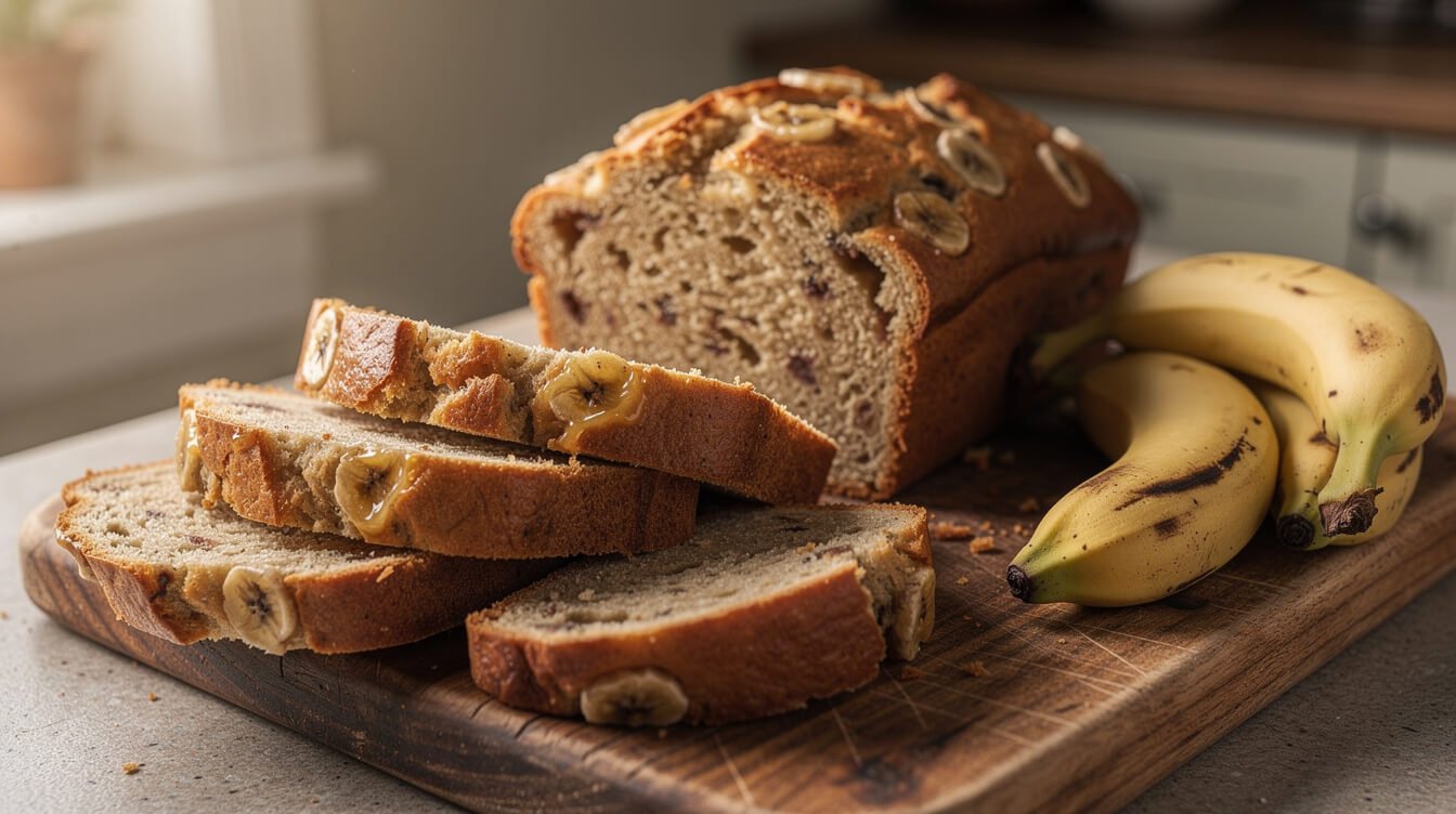 moist banana bread on a wooden cutting board