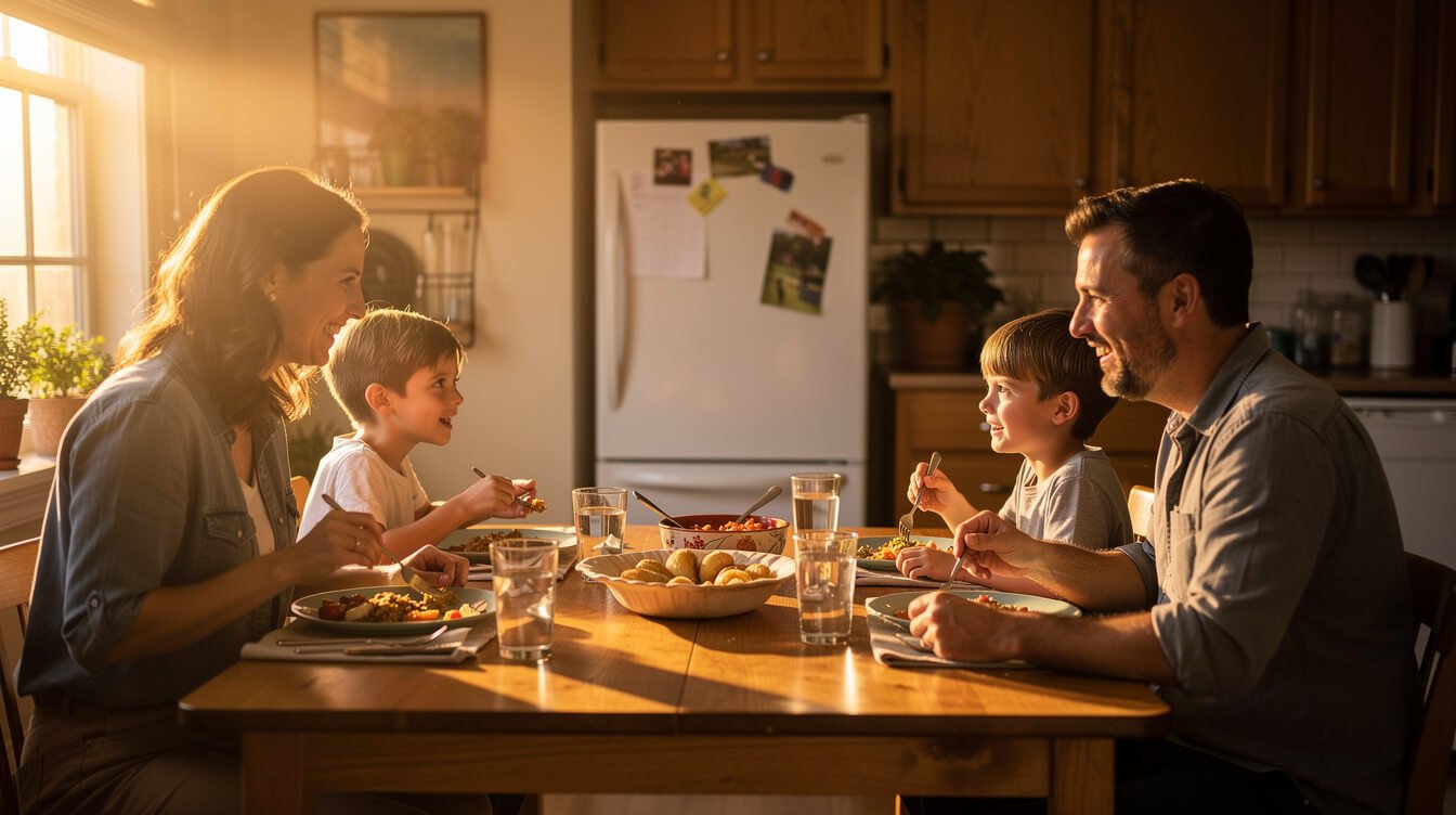 Family eating an easy weeknight dinner together