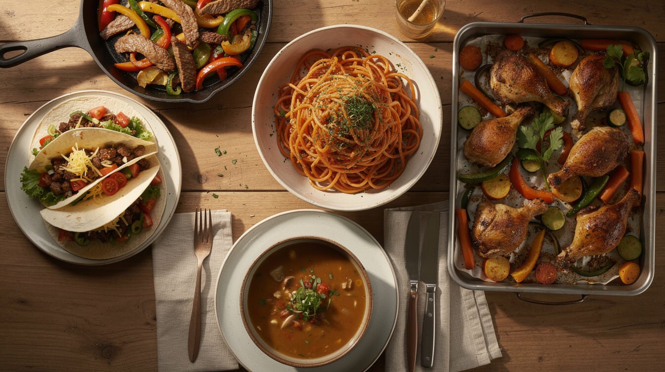 Five easy weeknight dinners for family laid out on a table
