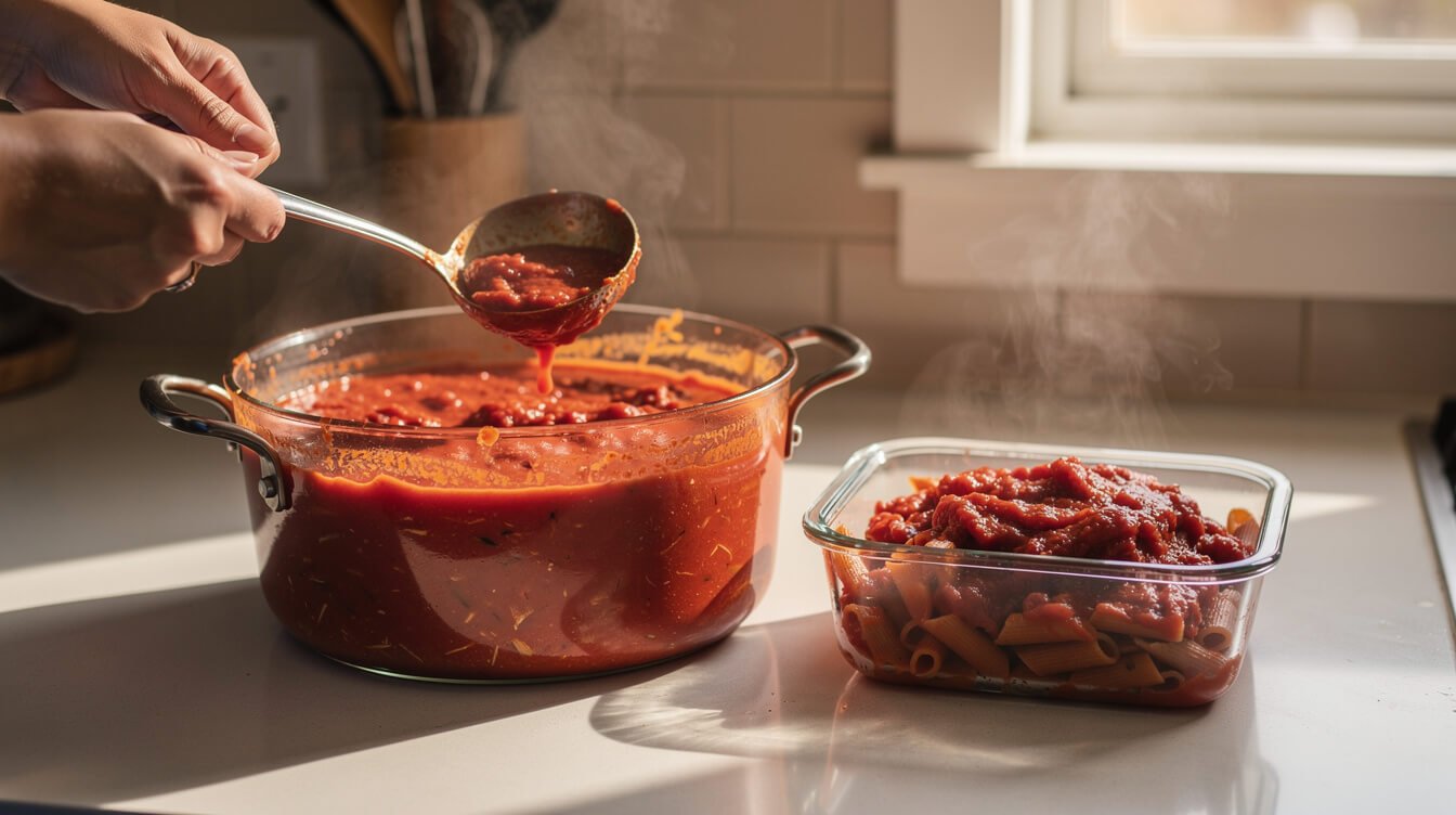 Portioning a doubled batch of dinner into containers for leftovers