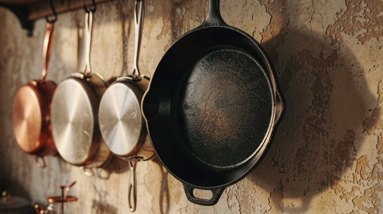 A well-seasoned, dark, glossy cast iron skillet hanging on a kitchen wall