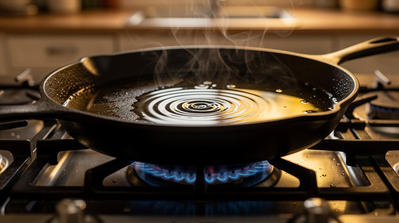 Bottle of vegetable oil next to a cast iron skillet on a stovetop
