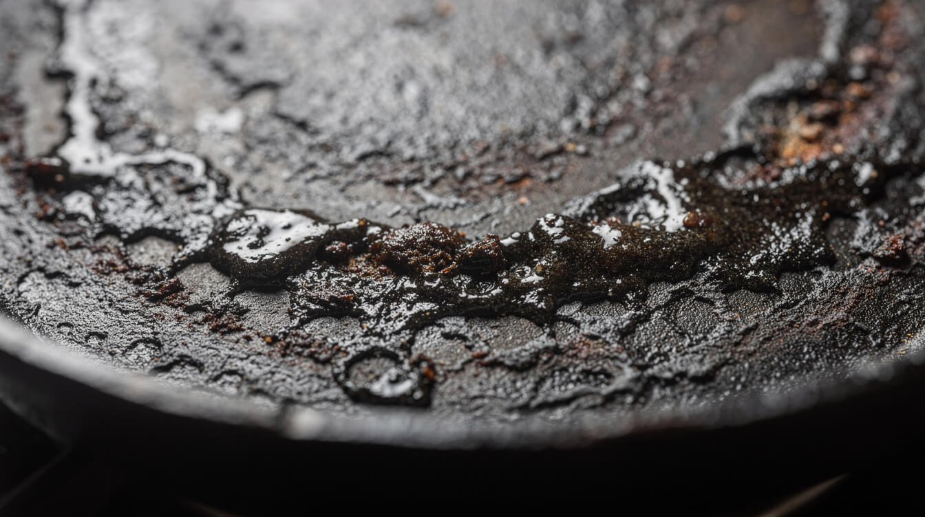 Close-up of a tacky, unevenly seasoned cast iron skillet surface