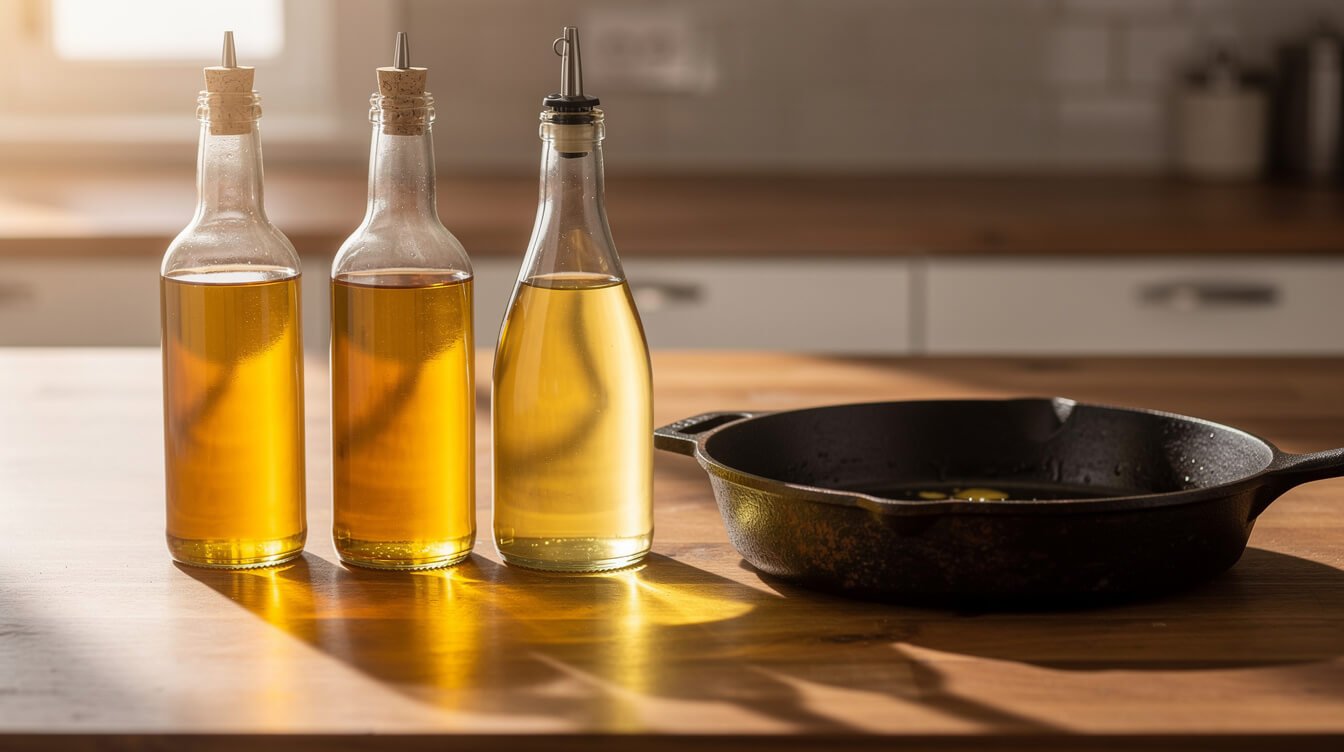 Three types of cooking oil in glass bottles on a wooden kitchen counter