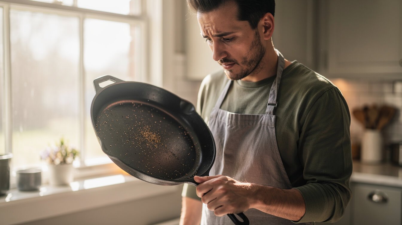 A person examining the surface of a cast iron skillet near a window