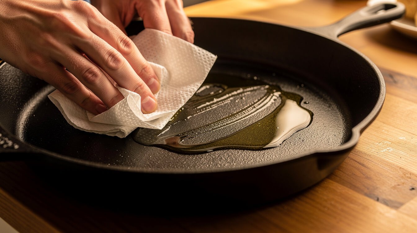 Hands wiping oil onto a cast iron skillet with a paper towel