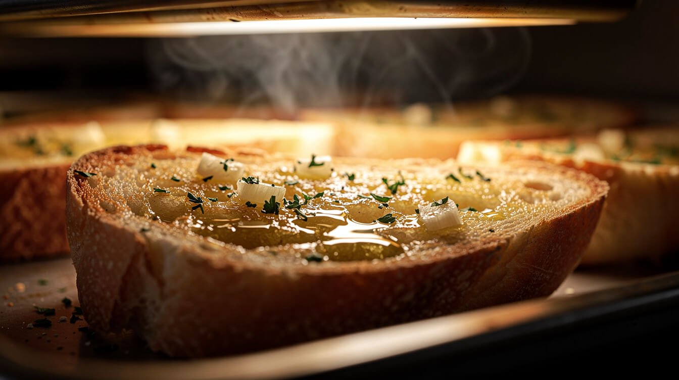 Golden toasted garlic bread fresh from the broiler