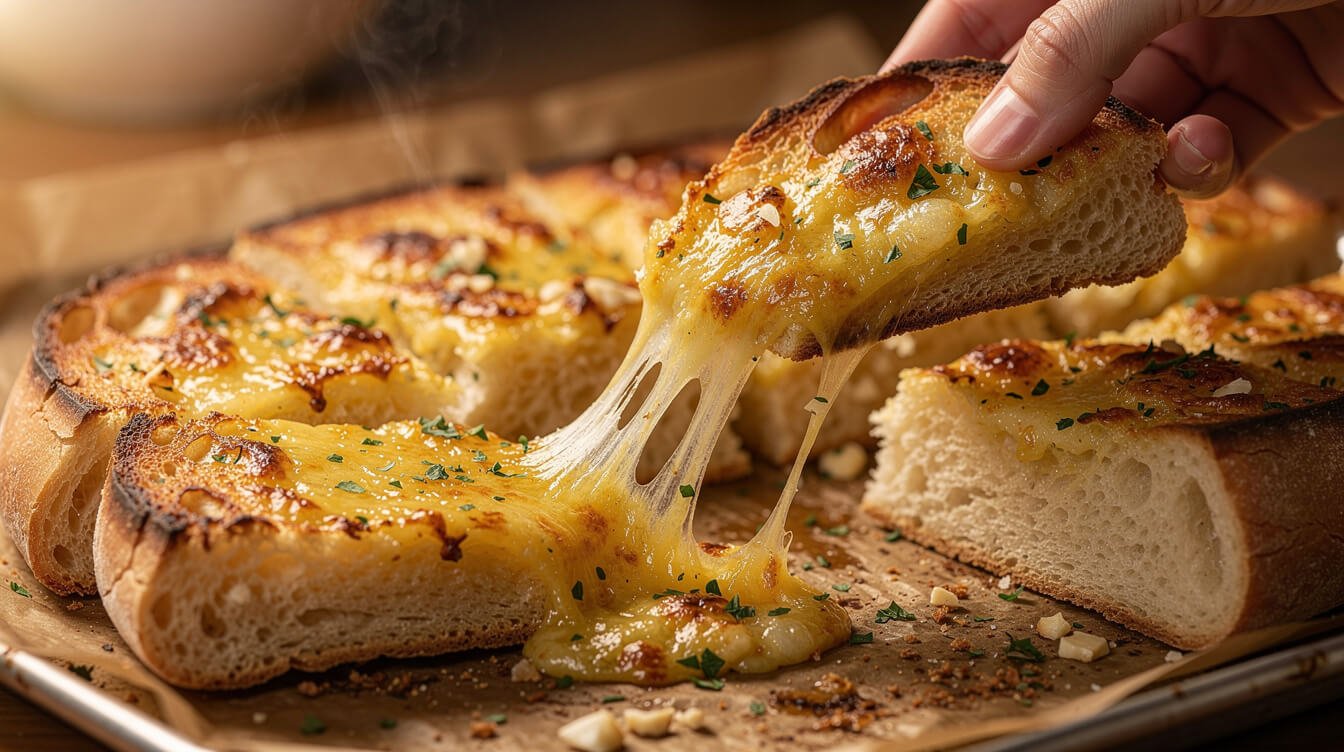 Cheesy garlic bread with melted bubbly cheese