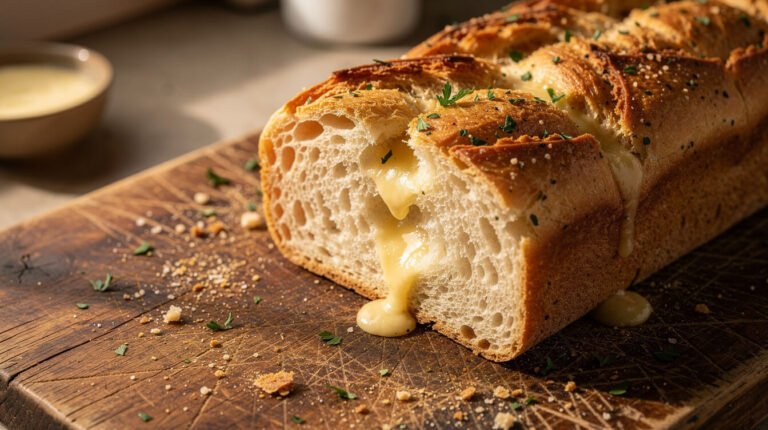 Sliced homemade garlic bread with melted garlic butter