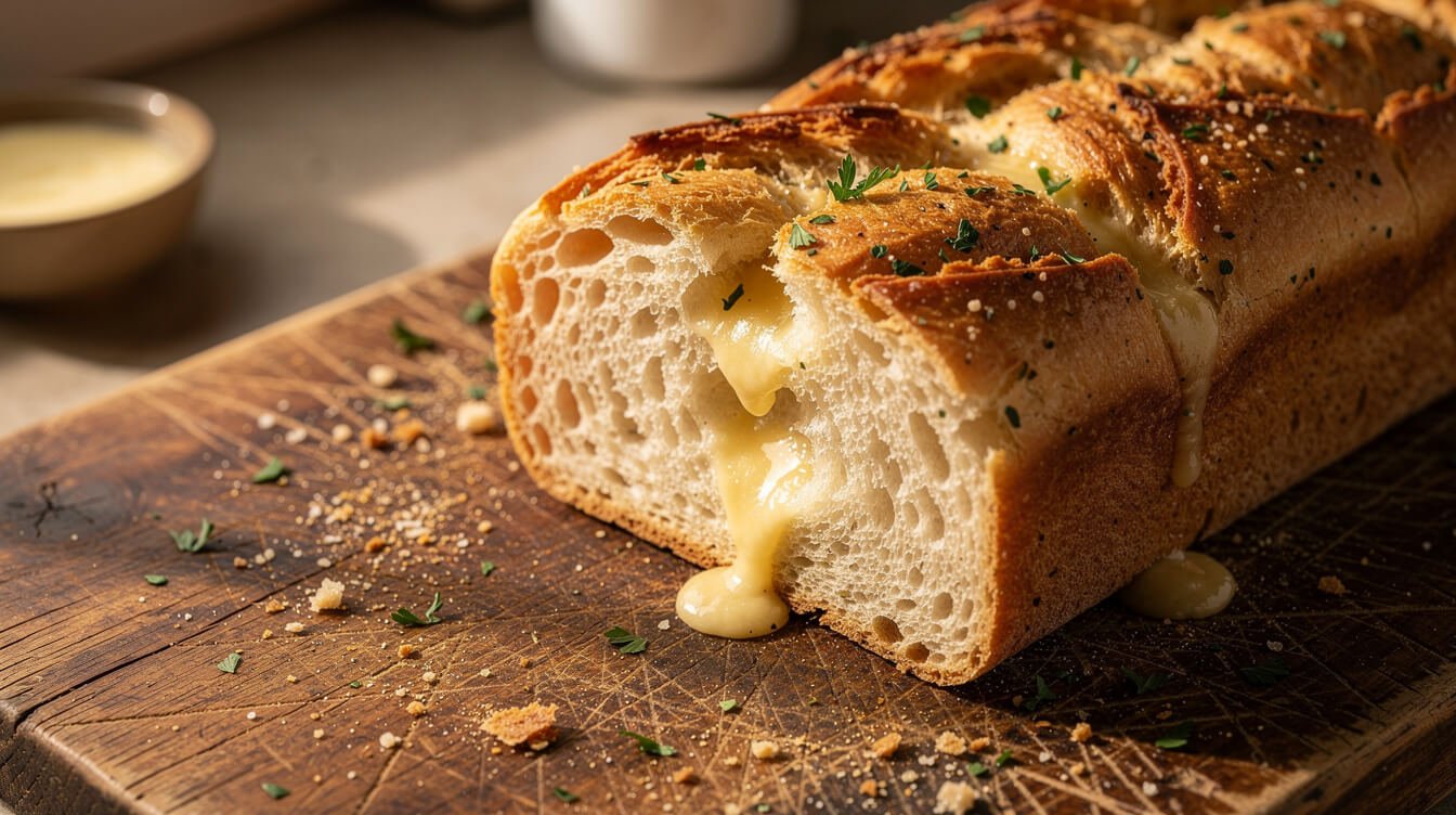 Sliced homemade garlic bread with melted garlic butter