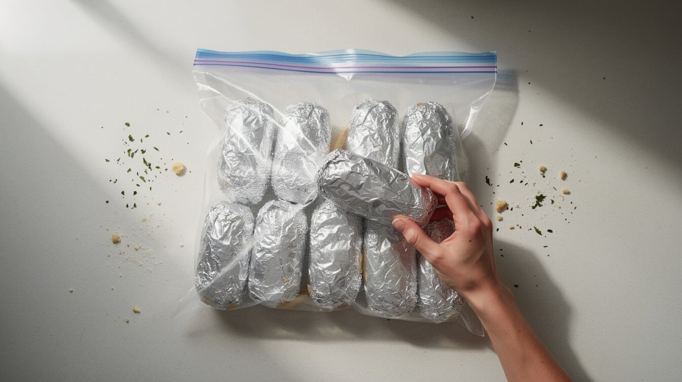 Foil-wrapped garlic bread portions ready for the freezer