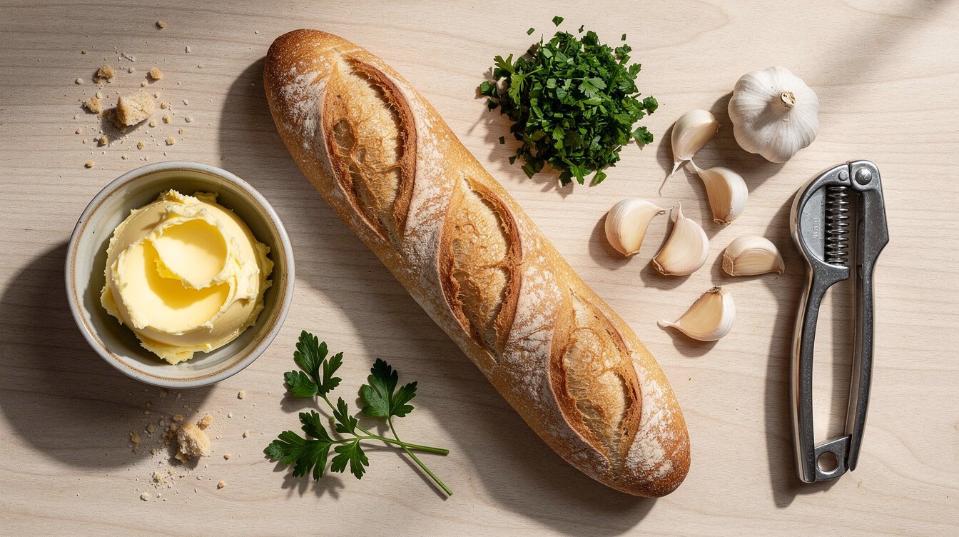 Garlic bread ingredients laid out on a countertop