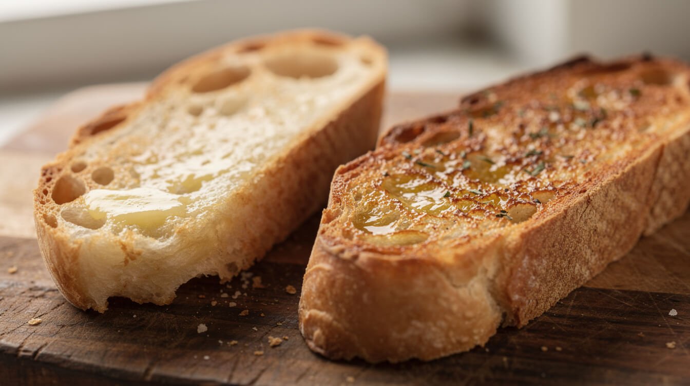 Comparison of soggy versus crisp garlic bread texture