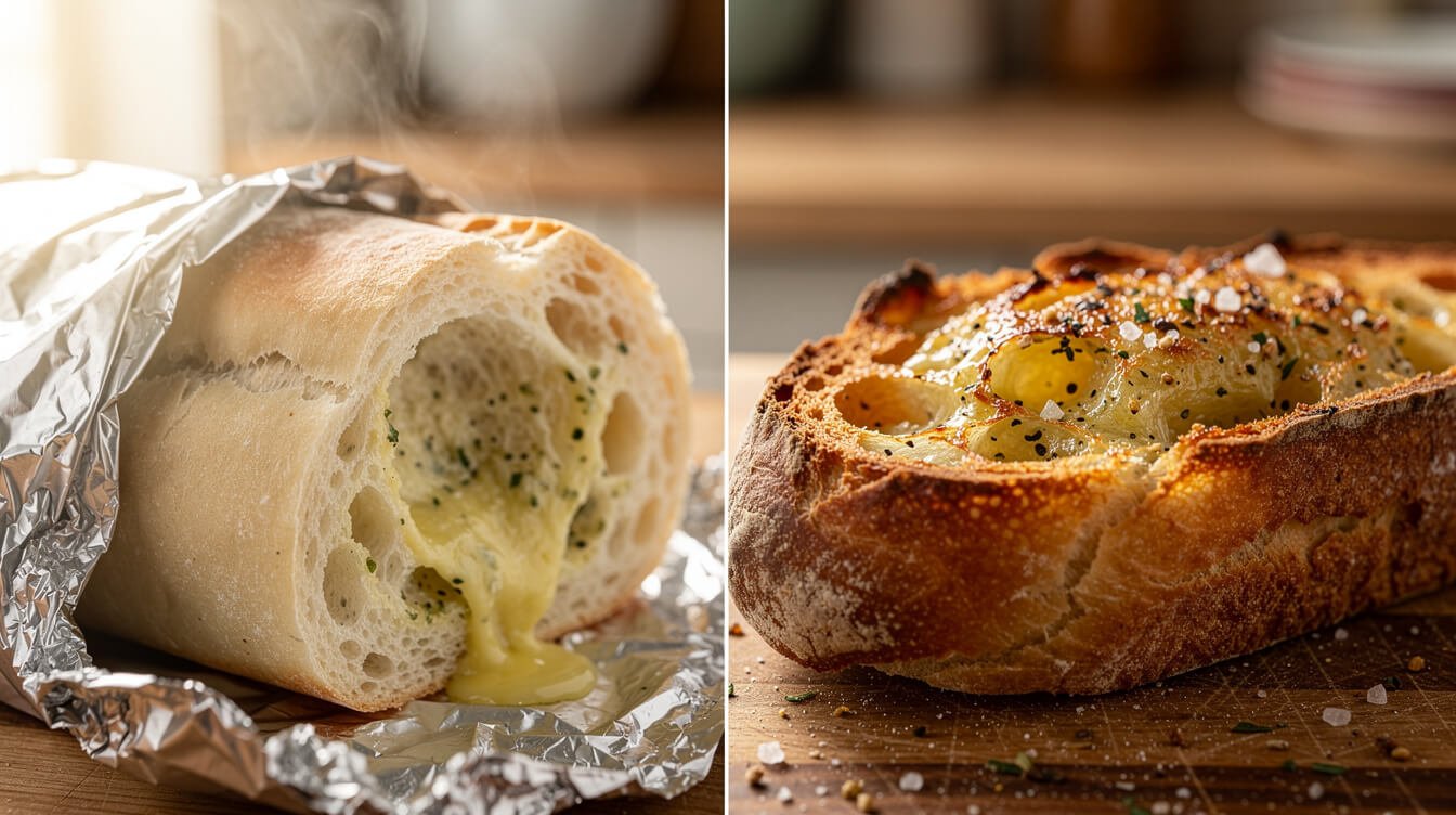 Two styles of garlic bread, foil-wrapped and open-faced, side by side