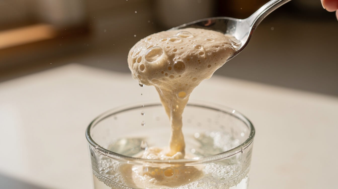 Spoonful of sourdough starter dropped into a glass of water for the float test