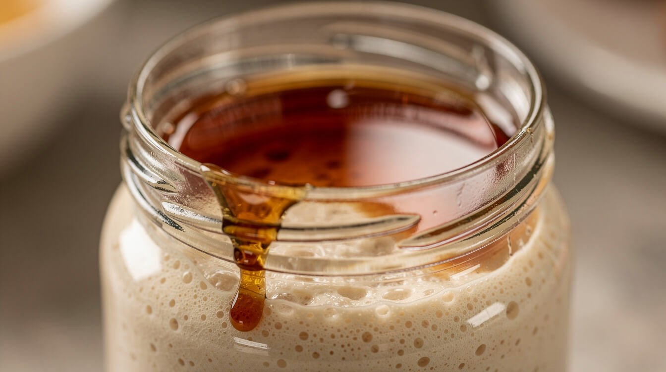 Layer of dark liquid hooch on top of a sourdough starter in a jar