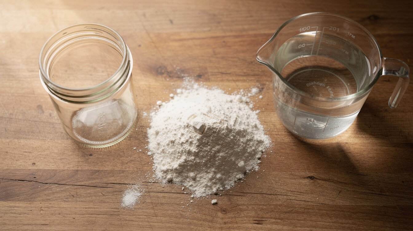 Flour, a glass jar, and a measuring cup of water on a counter