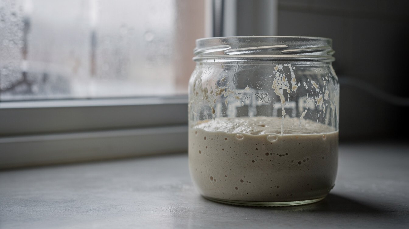 Sourdough starter that has not risen, sitting flat in a jar in a cool kitchen