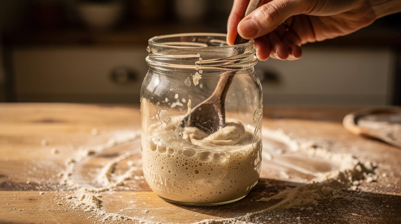Hand stirring sourdough starter with a spoon in a glass jar
