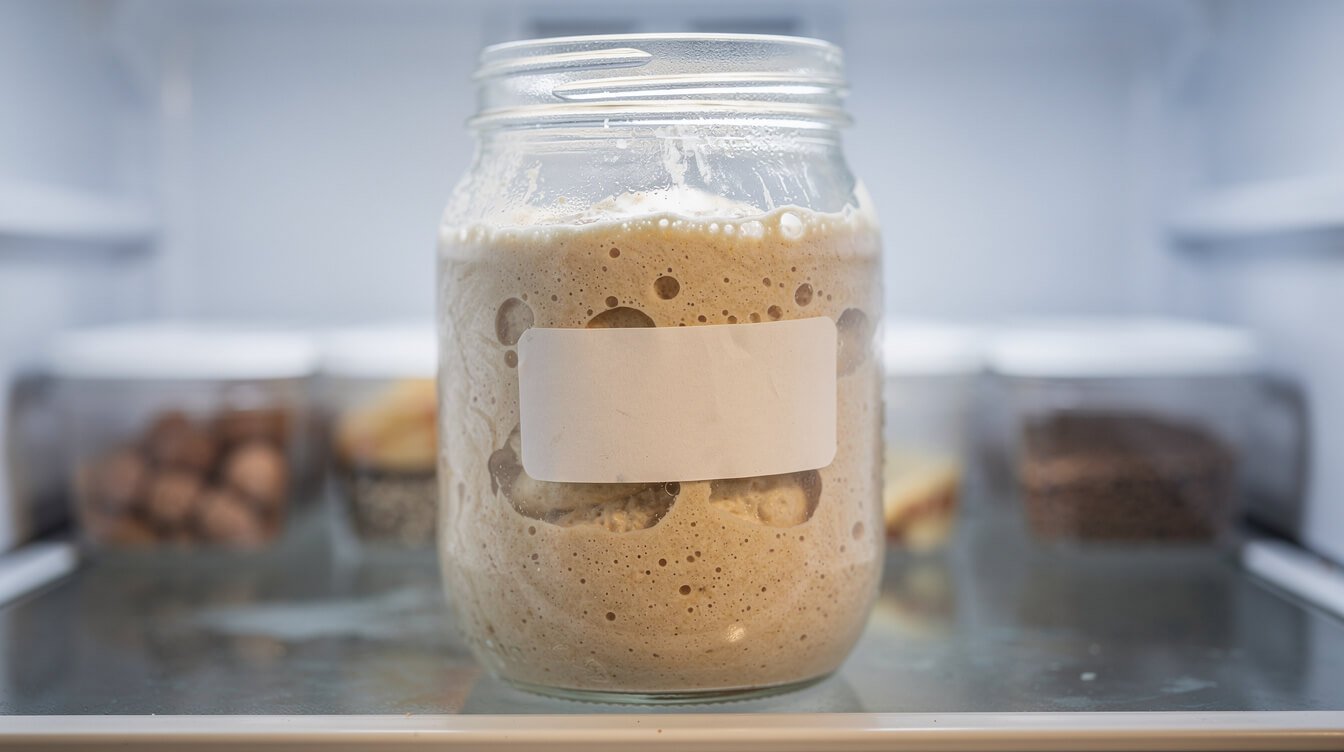 Mature sourdough starter stored in a jar in the refrigerator
