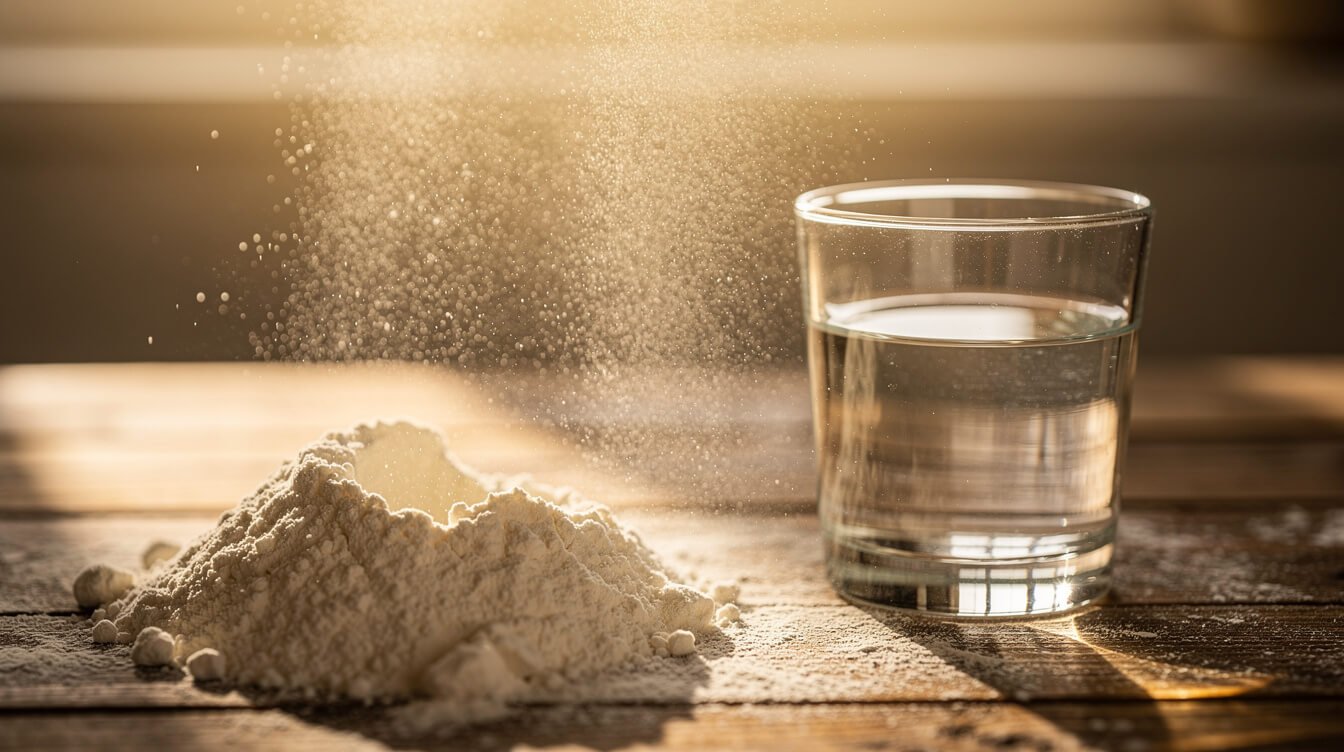 Sourdough starter bubbling in a glass jar on a kitchen counter
