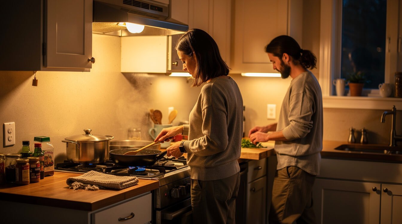 two people cooking dinner together in a home kitchen