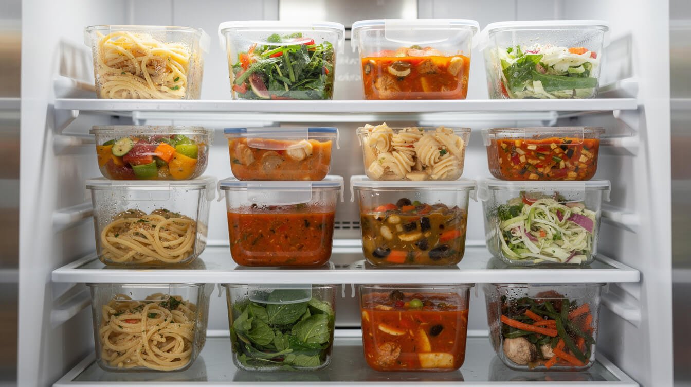 labeled food storage containers in the refrigerator