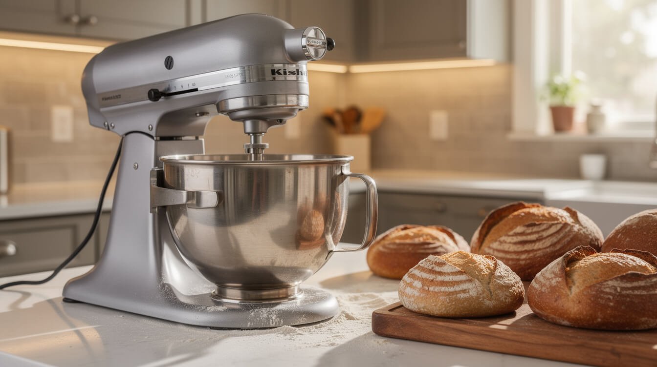 large heavy-duty stand mixer with a big stainless bowl