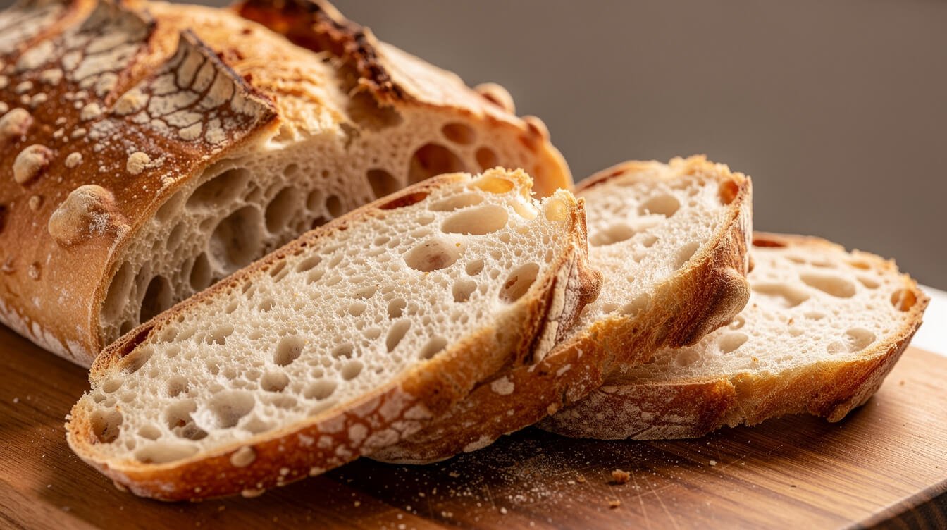 sliced homemade italian bread showing a soft chewy crumb