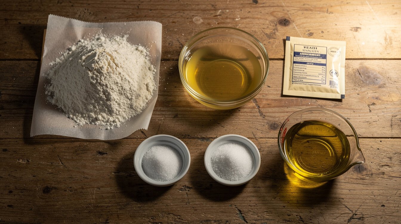 homemade italian bread ingredients measured out on a wooden counter
