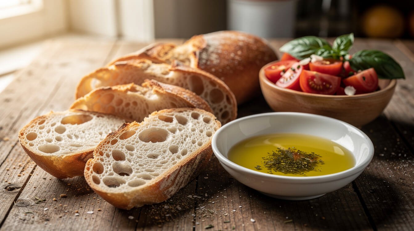 homemade italian bread served with olive oil and bruschetta toppings