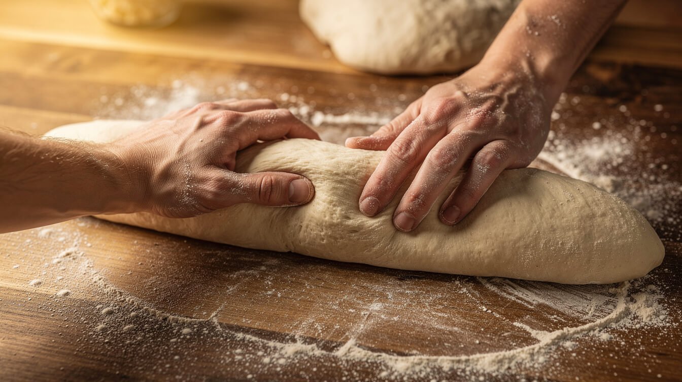 shaping homemade italian bread dough into a torpedo loaf